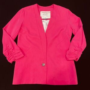 ~ Anthropologie Sz 0 Cartonnier Blazer Pink 3/4 Ruched Sleeve Notch Collar